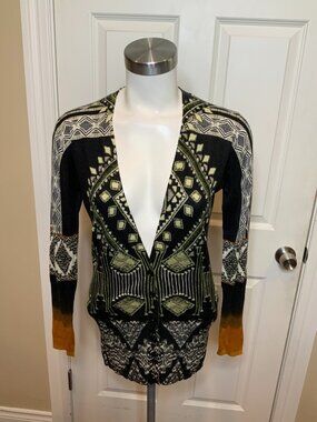ETRO Milano Black Thin Knit Silk Cashmere Geometric Cardigan Size 6 (US) 40 (IT)